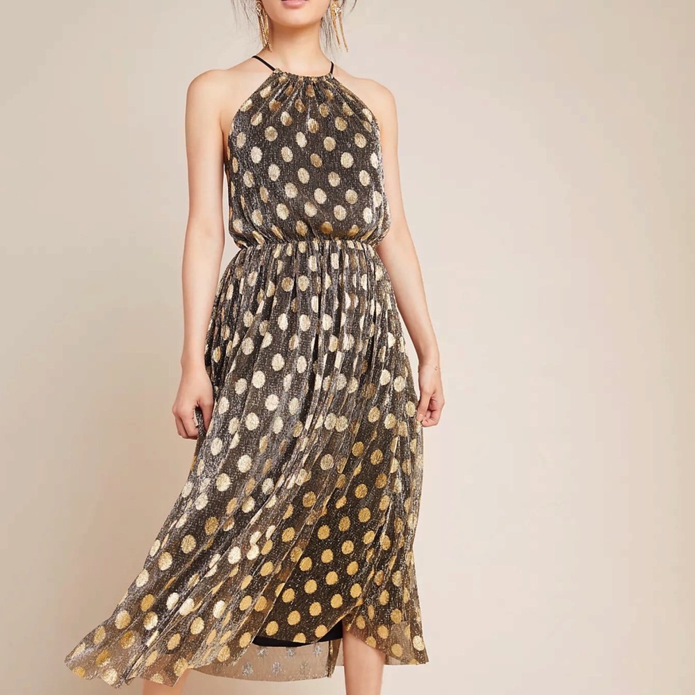 Anthropologie Metallic Polka Dot Halter Midi Dress - Picture 3 of 11